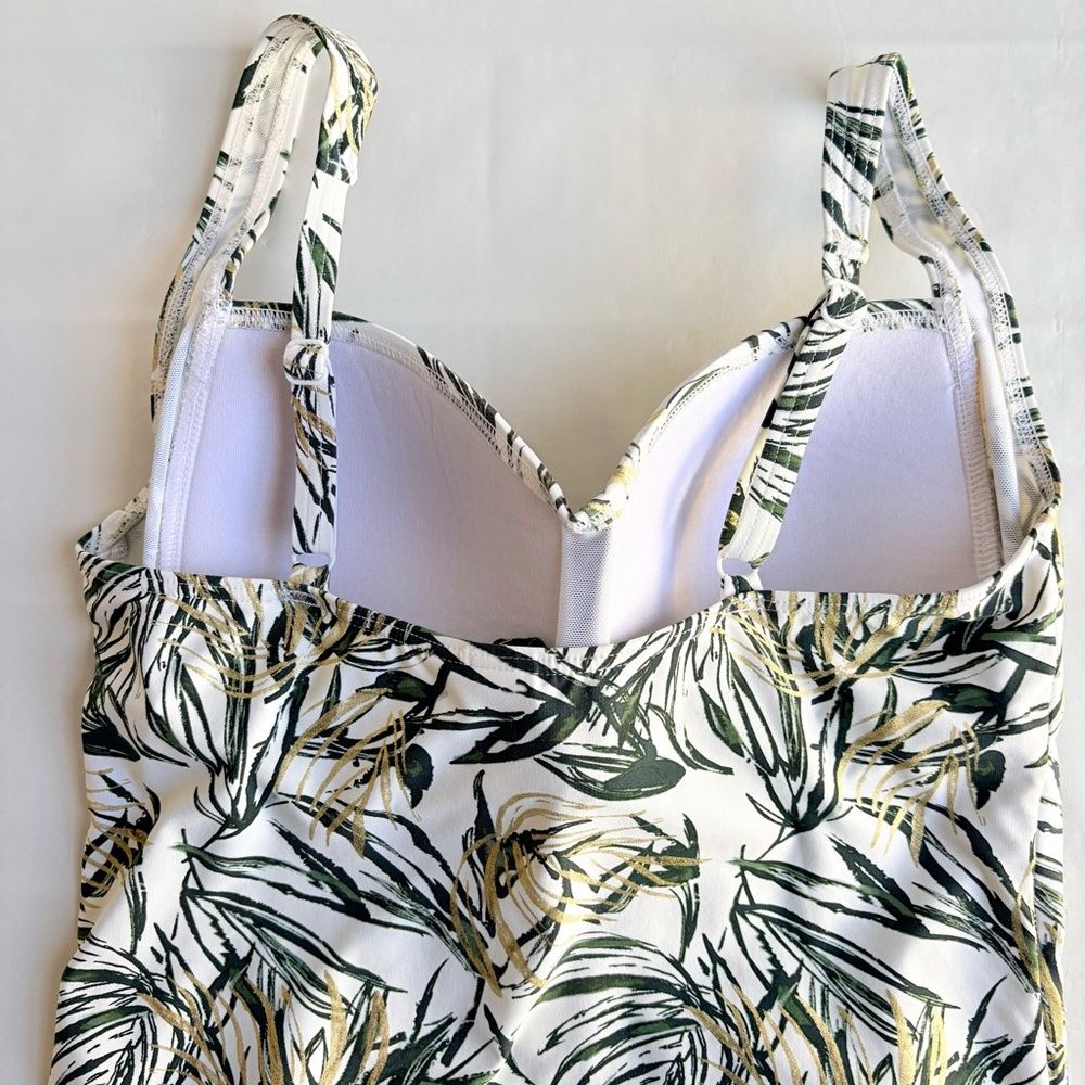 Niptuck Swimsuit One Piece Green Gold Tropical Leaf Padded Ruched Lined Size 10 - Picture 5 of 16